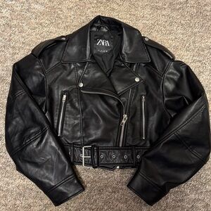 Zara Black Faux Leather Cropped Biker Moto Jacket with Belt Detail